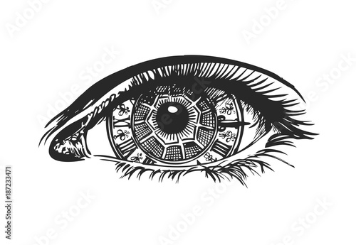 Human Eye Clock in Steampunk style. Metaphor of Time.  Vector