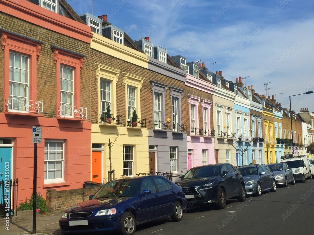 Pastel colored houses in the streets of London