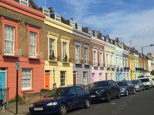 Pastel colored houses in the streets of London