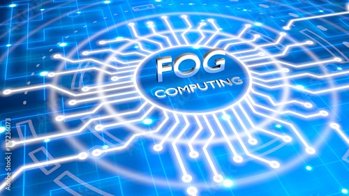 The reflecting words fog computing in the center of a circuit structure on blue network 3D illustration