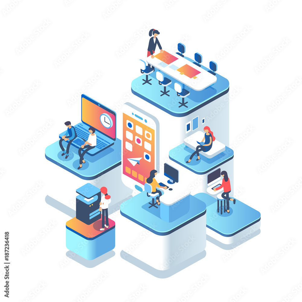 People work in a team and achieve the goal. Startup concept. Launch a new product on a market. Isometric illustration. People work in a team and achieve the goal. Startup concept. Launch a new product on a market. Isometric illustration.
