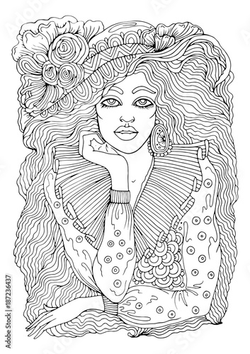 Vector hand drawn portrait of fashion thoughtful girl. Dreamy girl in the hat with flowers and long hair. Pattern for coloring book A4 size. .Coloring book for adults. 