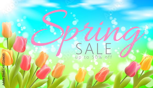Realistic 3d spring sale script lettering web banner template. Color tulip flowers grass blue sky blue background flyer promotional square social poster vector illustration © LuckyStep