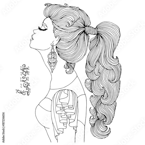 Vector hand drawn portrait in profile of a young girl with closed eyes and long eyelashes. Wavy long hair gathered in a high ponytail. The girl romantic style