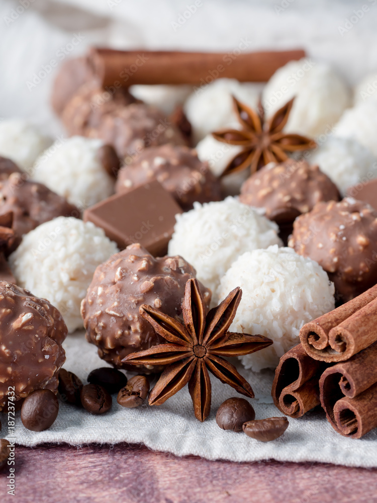 Chocolate Coconut Star Anise Cinnamon Coffee beans on Wooden Background Table Chocolate Coconut Star Anise Cinnamon Coffee beans on Wooden Background Table