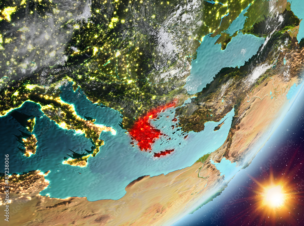 Orbit view of Greece during sunrise Orbit view of Greece during sunrise