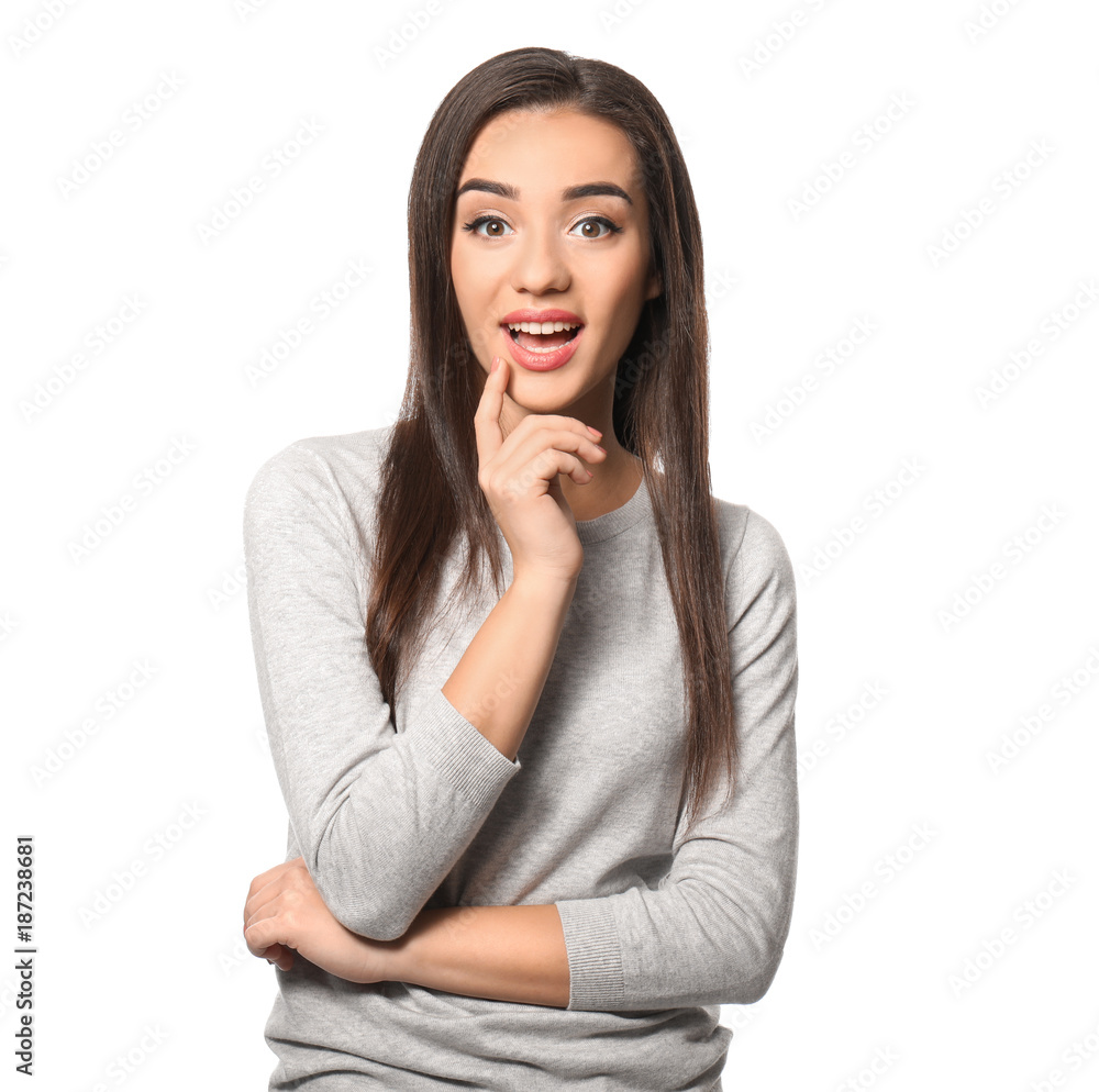 Portrait of emotional young woman on white background Portrait of emotional young woman on white background