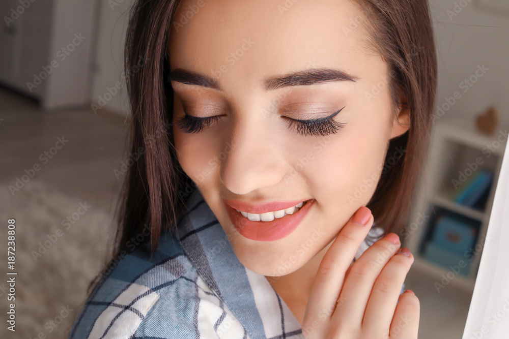 Portrait of beautiful smiling woman at home, closeup Portrait of beautiful smiling woman at home, closeup