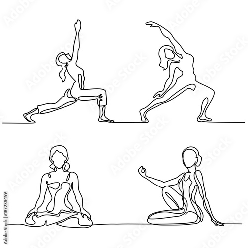 Set Continuous line drawing. Woman doing exercise in yoga pose. Vector Illustration