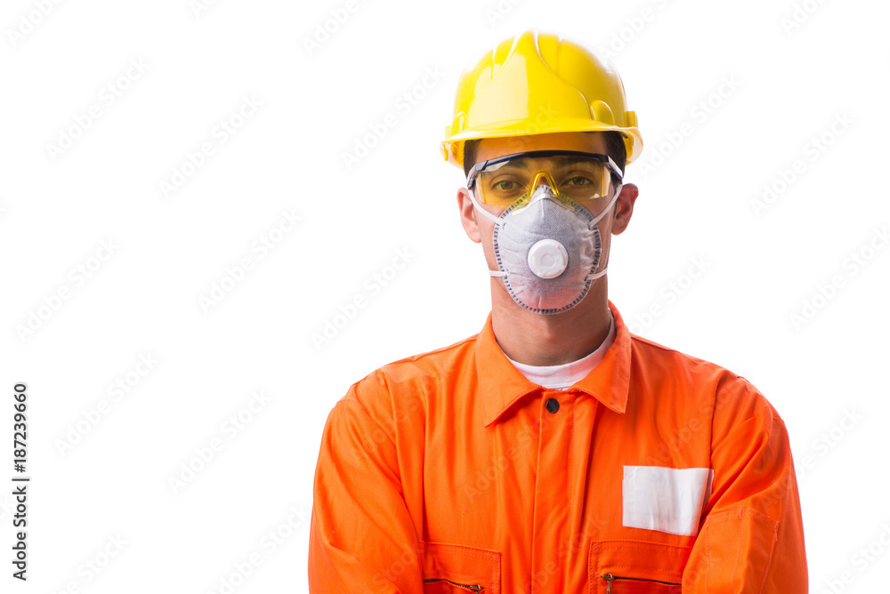 Construction worker with protective mask isolated on white Construction worker with protective mask isolated on white