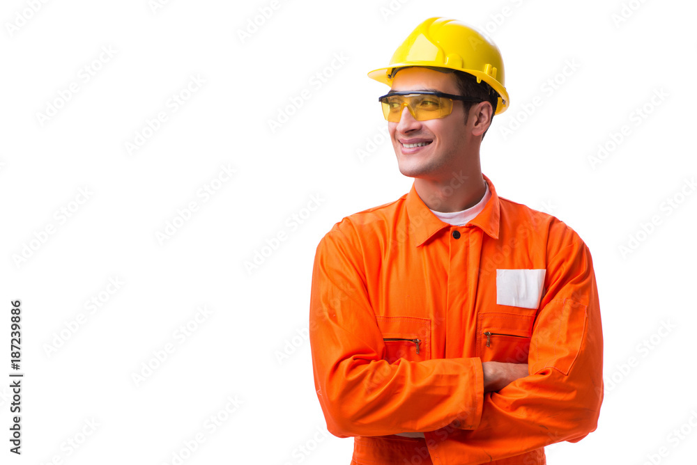 Construction worker wearing hard hat isolated on white Construction worker wearing hard hat isolated on white