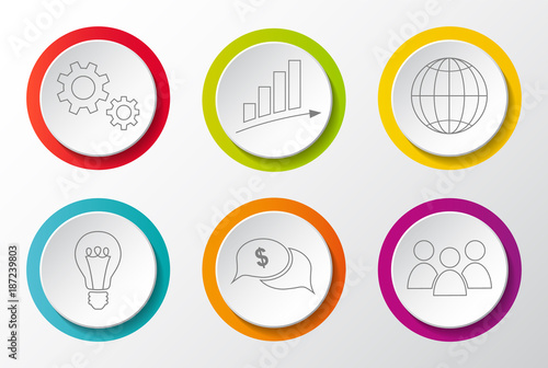 3d businness icons: gear, graph, globe, bulb, chat, team. Big set. Vector.