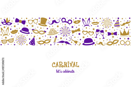 Carnival - let's celebrate. Banner in retro style with funny elements. Vector.
