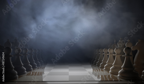 Chess game begins. Pieces standing in rows. 3D rendered illustration. photo