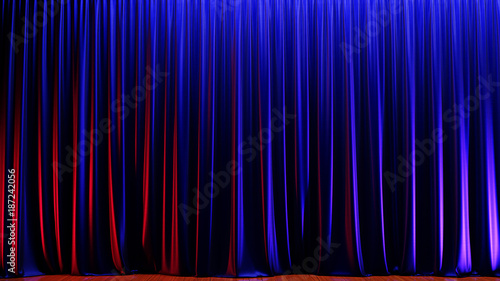 Dark empty stage with rich blue velvet curtains. 3d render