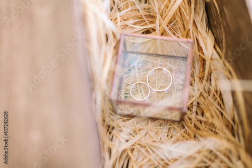 engagement, ceremony, surprise concept. in a straw there is glass box with two sparkling wedding rings made of gold, one, for fiance, is bigger of another, for bride
