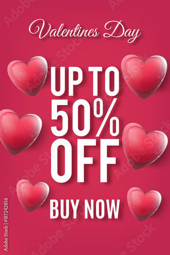 Valentines day sale red pink poster with hearts, holiday discount background. Creative card design, eps10