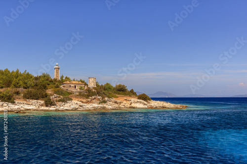 Fiscardo Venetian lighthouse and Byzantine Church. Kefalonia Greece