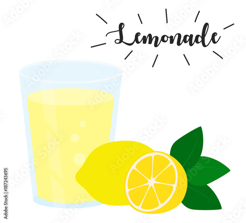 Flat icon glass of lemonade and lemon. Vector illustration.