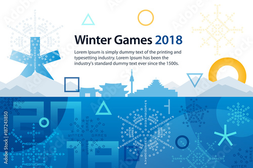 Winter sports games in Republic of Korea 2018. Symbols of sports competitions. Colorful abstract background for advertisement, poster, flyer or web banner. Vector illustration