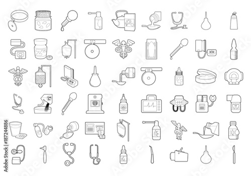 Medical tools icon set, outline style