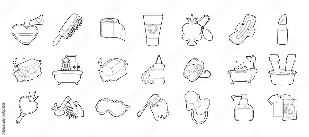 Personal hygiene icon set, outline style Personal hygiene icon set, outline style