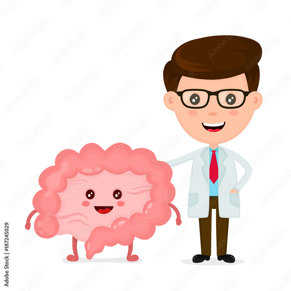 Cute funny smiling doctor and healthy happy intestines Cute funny smiling doctor and healthy happy intestines