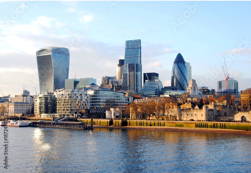 Canvas Print View of the financial district of london from the Thames River at sunset