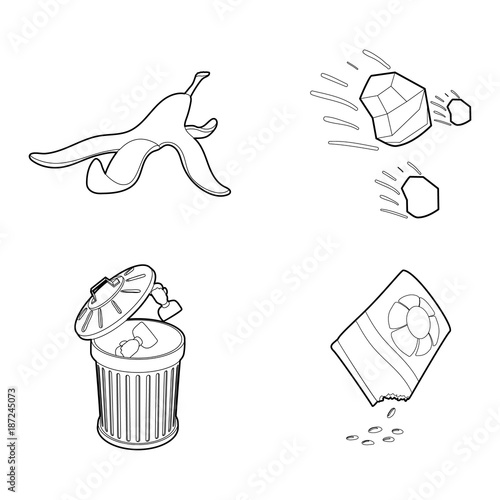 Garbage icon set, outline style