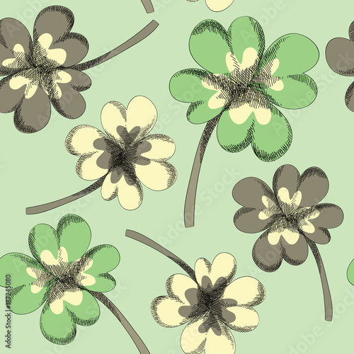 Clover leaves seamless pattern. Vector illustration on light green background