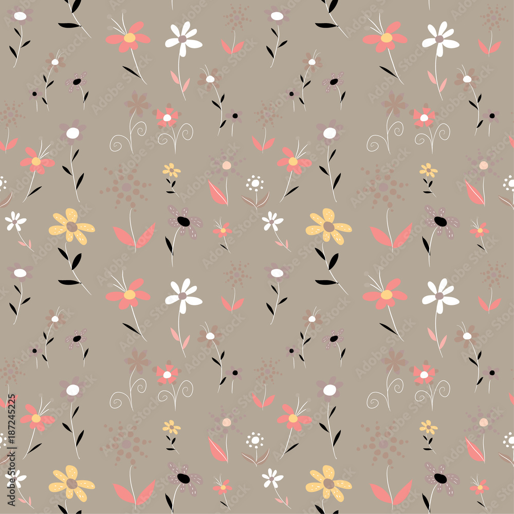 Vector illustration of cute flowers seamless pattern on coffee background