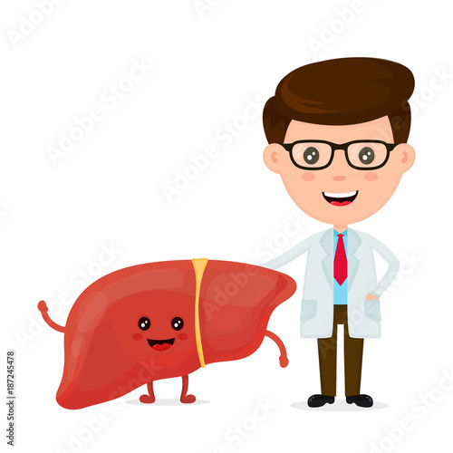 Cute funny smiling doctor and healthy happy liver