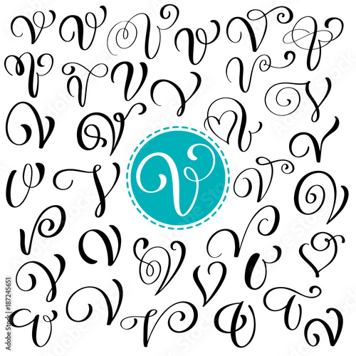 Set of Hand drawn vector calligraphy letter V. Script font. Isolated letters written with ink. Handwritten brush style. Hand lettering for logos packaging design poster
