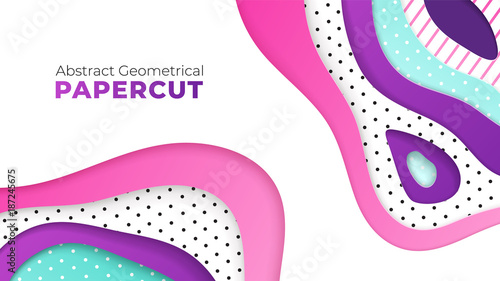 Abstract geometrical papercut design template. Lines and dots with ultraviolet, pink and turquoise paper layers 3d effect. Trendy ultraviolet backdrop.