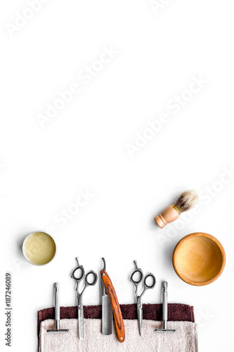 Wallpaper Mural Tools beard and moustaches' care. Razor, brush and sciccors on white background top view copyspace Torontodigital.ca