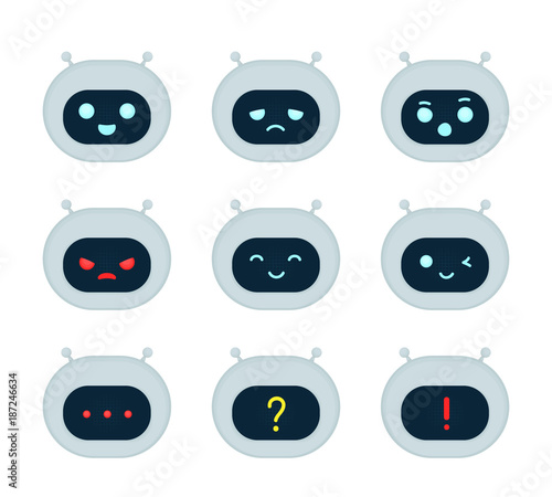 Cute robot bot face emotion character set. 