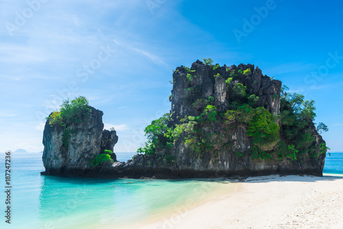 two cliffs in the Andaman Sea near the beach of the island of Hong, Thailand