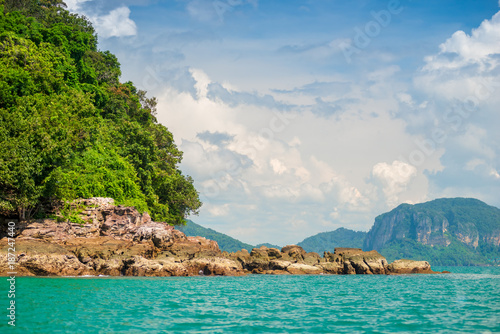rocky coast of the island with mountains scenic views of Thailand