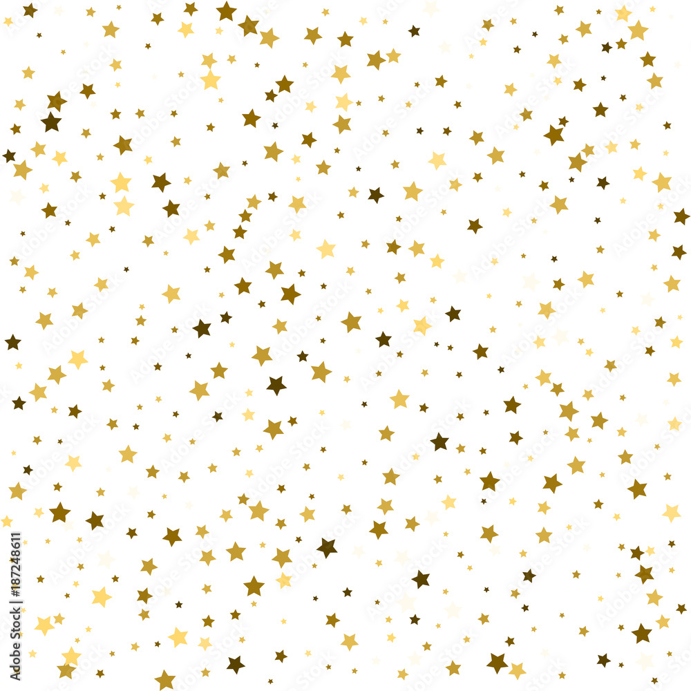 Abstract pattern of random falling gold stars on white background. Glitter template for banner, greeting card, Valentine card, invitation, postcard, paper packaging. Vector illustration. Abstract pattern of random falling gold stars on white background. Glitter template for banner, greeting card, Valentine card, invitation, postcard, paper packaging. Vector illustration.