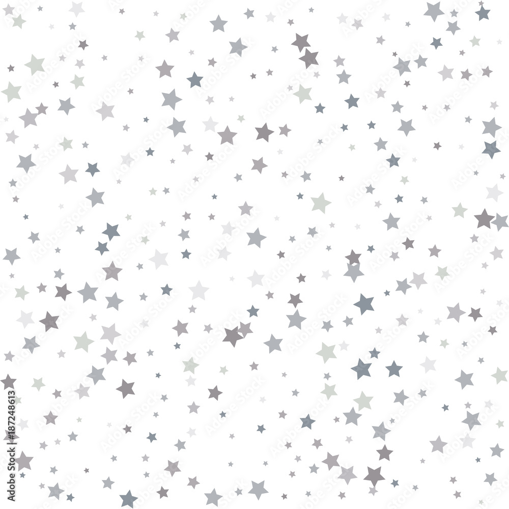 Silver glitter stars falling from the sky on white background. Abstract Background. Glitter pattern for banner. Vector illustration.