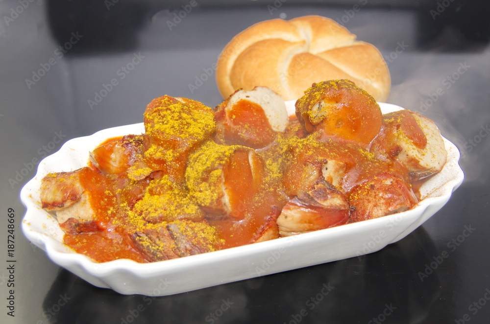 Portion Currywurst mit Brötchen Stock-Foto | Adobe Stock