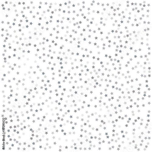 Abstract pattern of random falling silver stars on white background. Glitter pattern for banner, greeting card, Valentine day card, invitation, postcard, paper packaging
