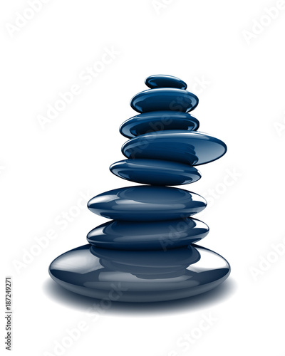 tower of black shiny wet stones on a white background