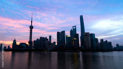 Sunrise twilight sky of Shanghai skyline Pudong building most prosperous urban groups of panoramic view in the morning. Shanghai China City scape of business district trade zone.