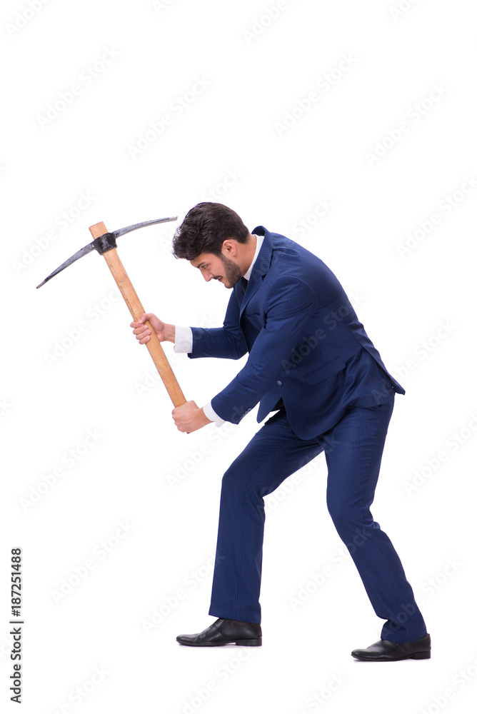 Young businessman with axe isolated on white Young businessman with axe isolated on white