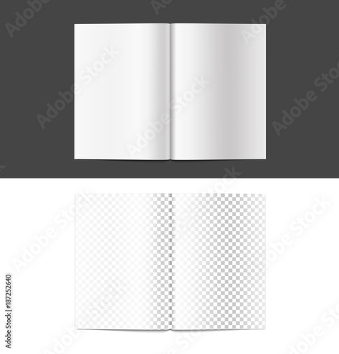 Universal mockup of blank open magazine. Vector illustration isolated on white and black background, ready and simple to use. The mock-up will make the presentation look as realistic as possible. 