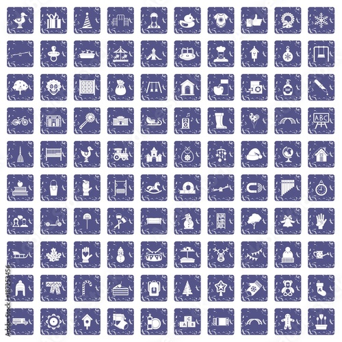 100 kindergarten icons set grunge sapphire
