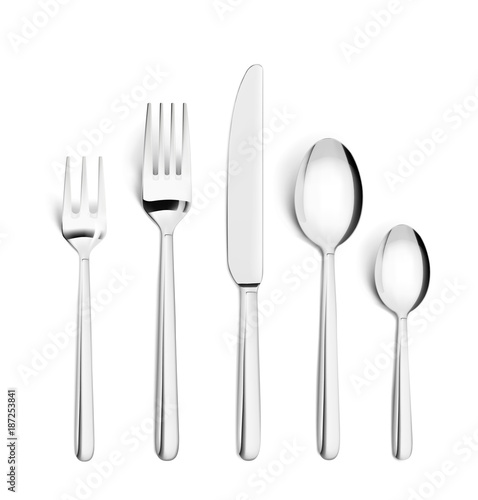 Set of realistic forks, knife and spoon isolated on white. Vector illustration ready and simple to use for your design. 