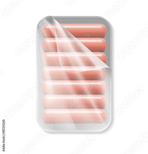 Realistic mockup template polystyrene tray container with sausages. Vector illustration isolated on white background, ready to use for your design.