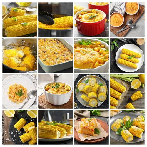 Collage with different tasty dishes of corn